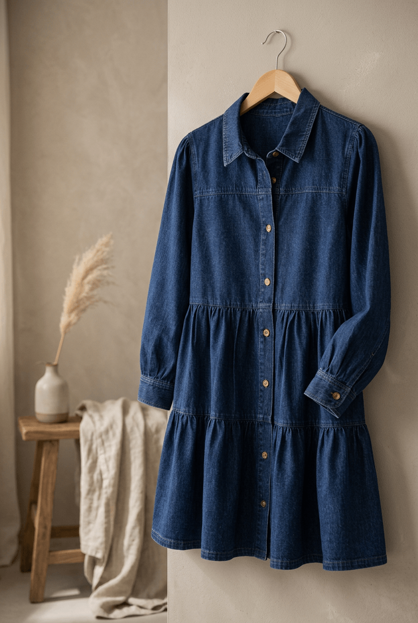 Button Down Babydoll Ruffle Denim Dress, Clothing, $ 59.00, A Moment Of Now™