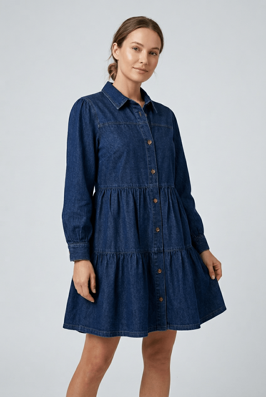 Button Down Babydoll Ruffle Denim Dress, Clothing, $ 59.00, A Moment Of Now™