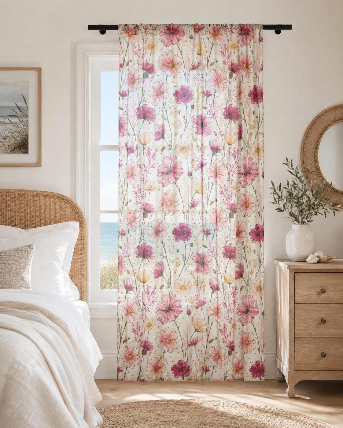 Dried Wildflowers Sheer Curtain Panel — Pink Botanical Window Curtain