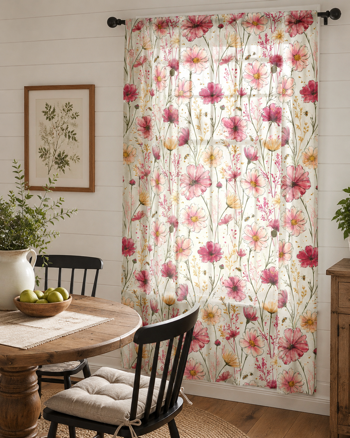 Dried Wildflowers Sheer Curtain Panel — Pink Botanical Window Curtain