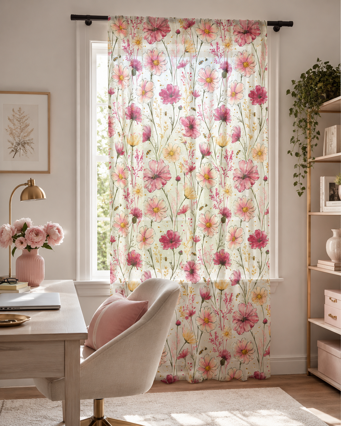 Dried Wildflowers Sheer Curtain Panel — Pink Botanical Window Curtain