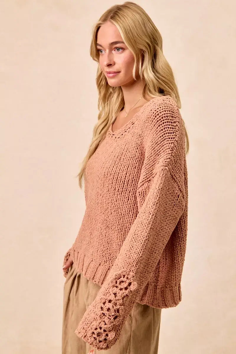 Dusty Peach Chunky Knit Sweater with Flower Detail Sleeves, , $ 56.00, A Moment Of Now™