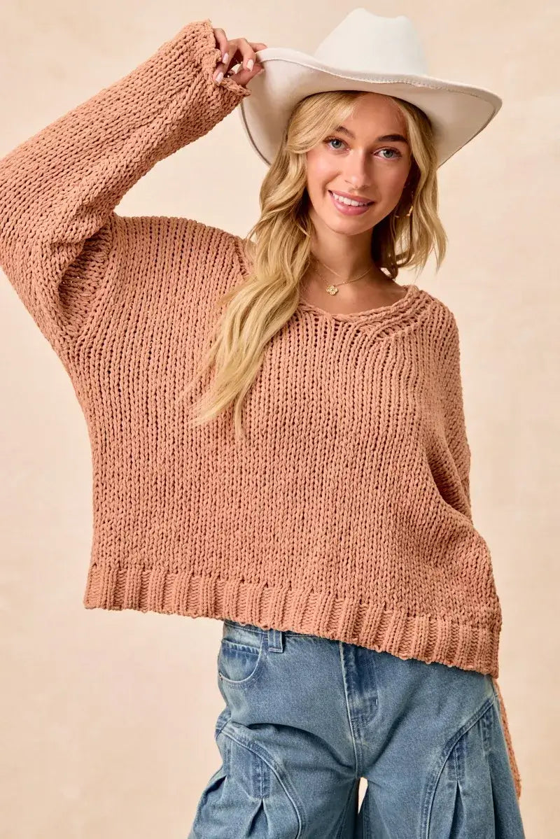 Dusty Peach Chunky Knit Sweater with Flower Detail Sleeves, , $ 56.00, A Moment Of Now™
