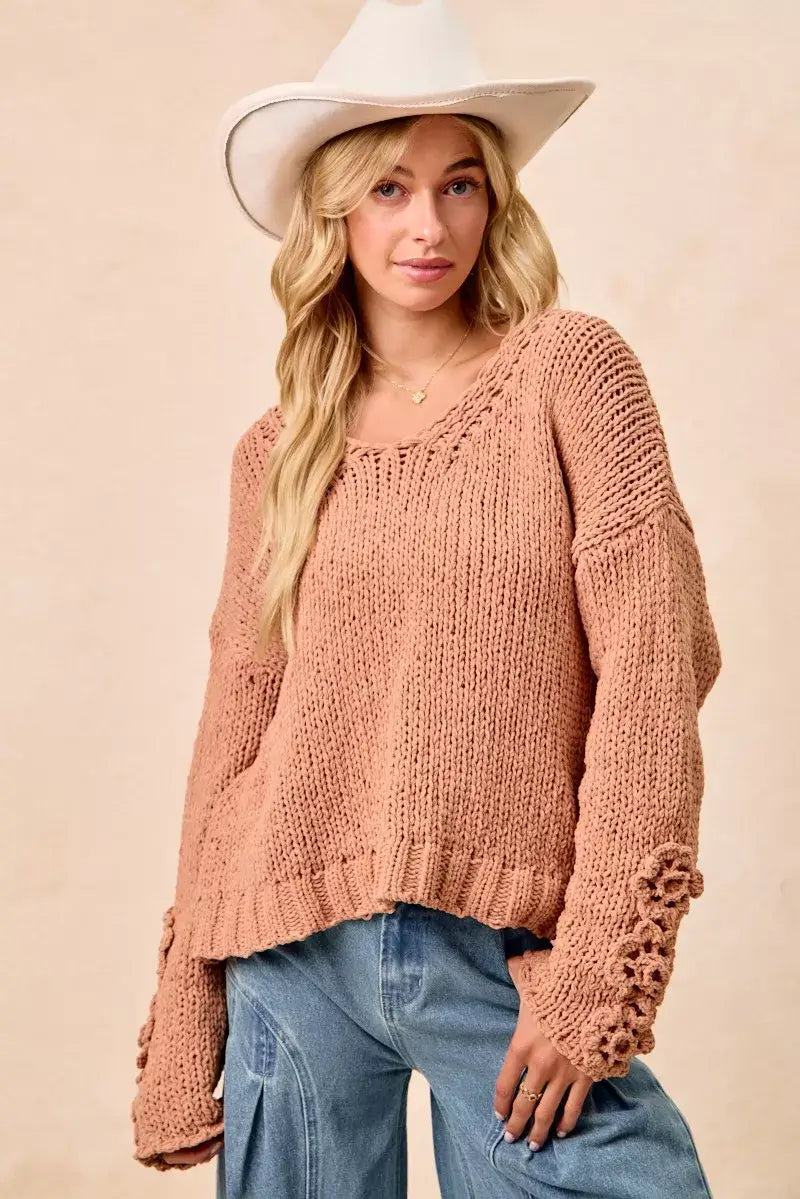 Dusty Peach Chunky Knit Sweater with Flower Detail Sleeves, , $ 56.00, A Moment Of Now™