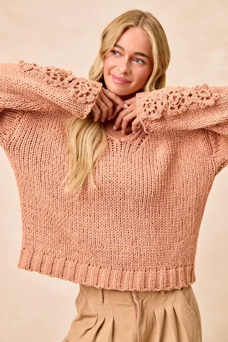 Dusty Peach Chunky Knit Sweater with Flower Detail Sleeves, , $ 56.00, A Moment Of Now™