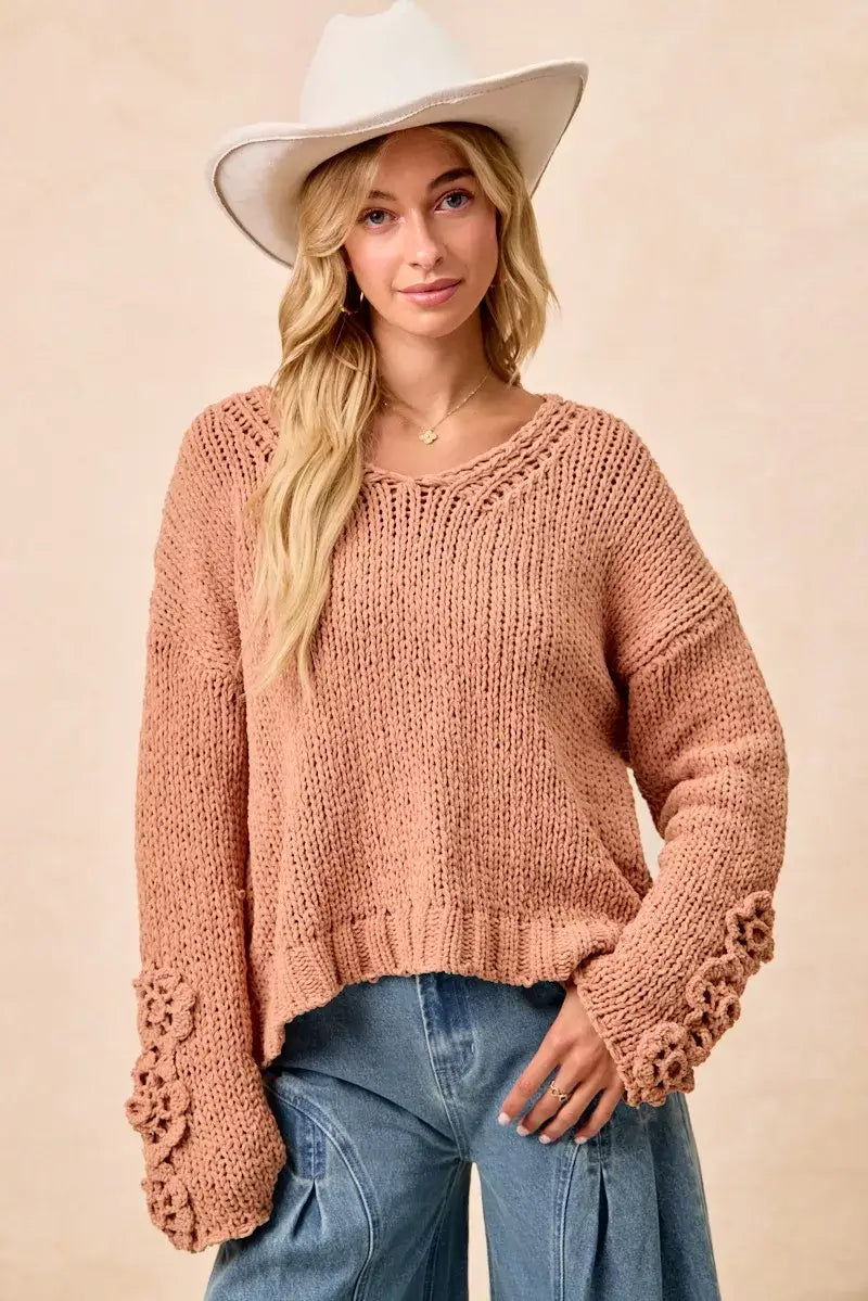 Dusty Peach Chunky Knit Sweater with Flower Detail Sleeves, , $ 56.00, A Moment Of Now™