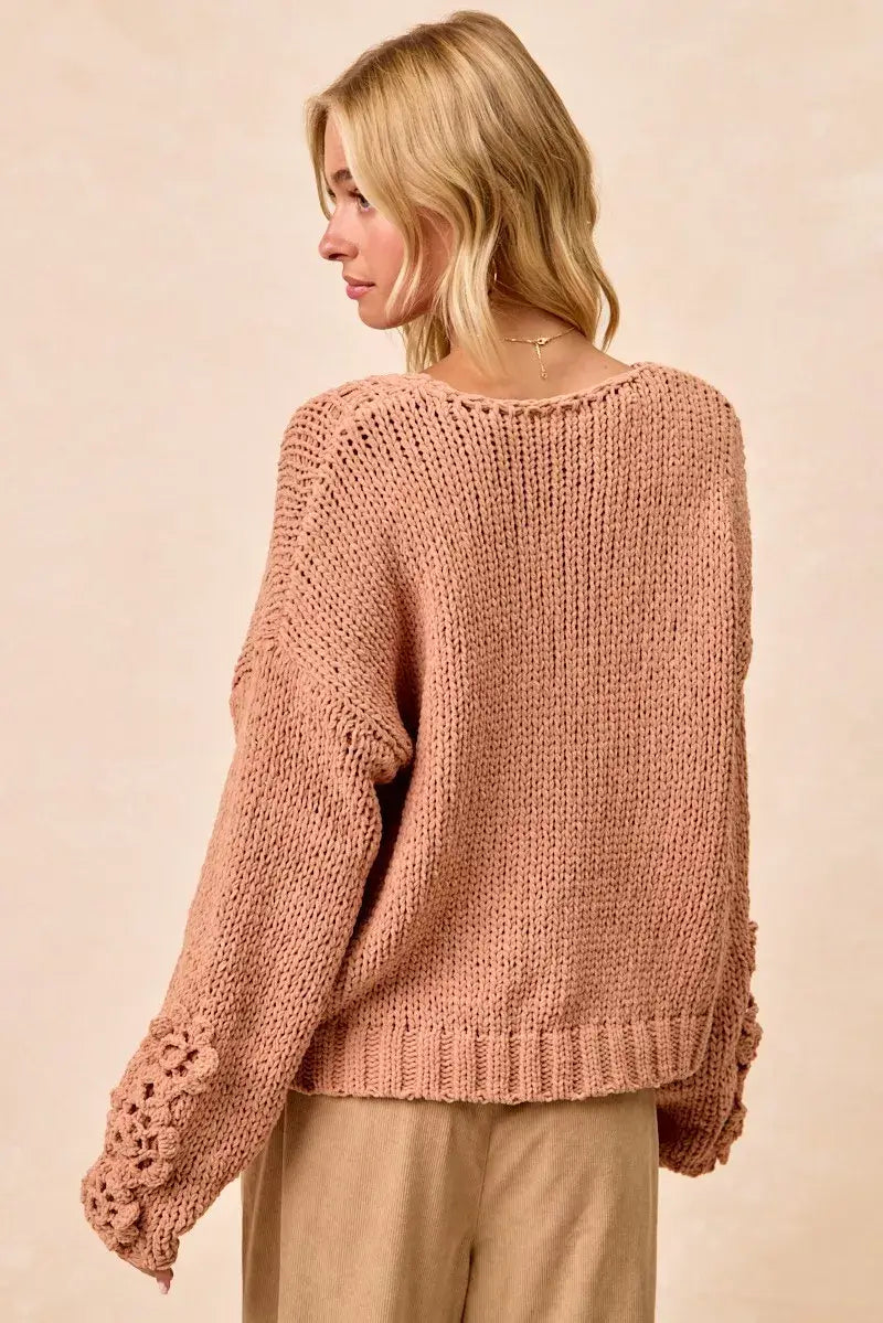 Dusty Peach Chunky Knit Sweater with Flower Detail Sleeves, , $ 56.00, A Moment Of Now™