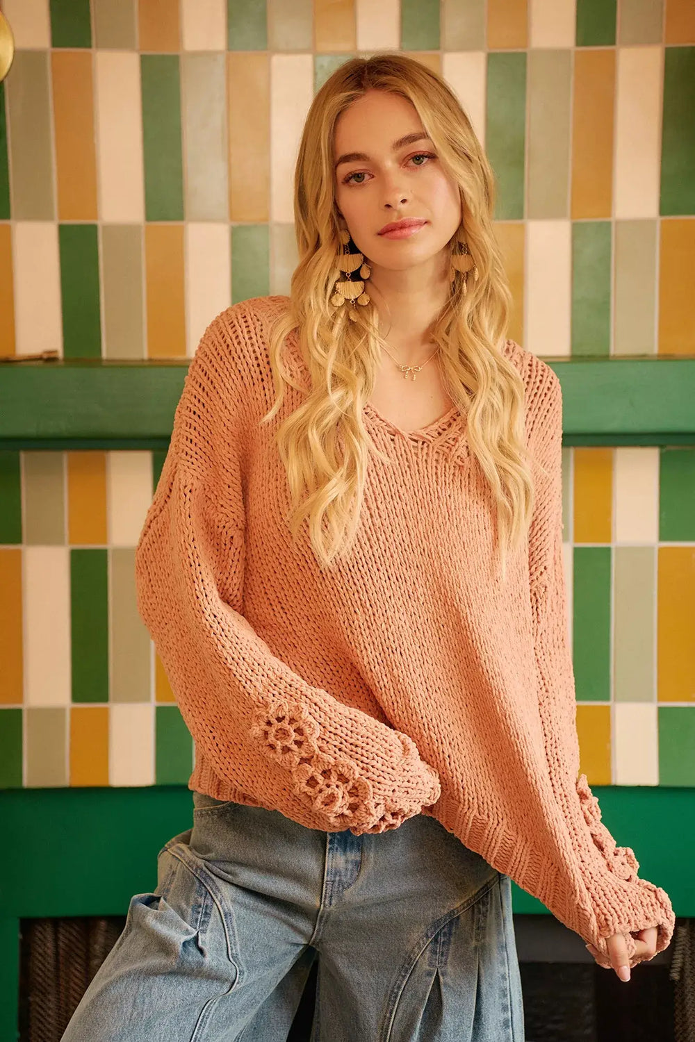 Dusty Peach Chunky Knit Sweater with Flower Detail Sleeves, , $ 56.00, A Moment Of Now™