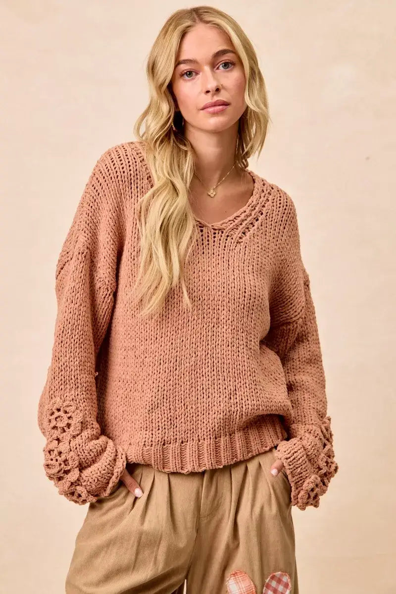 Dusty Peach Chunky Knit Sweater with Flower Detail Sleeves, , $ 56.00, A Moment Of Now™