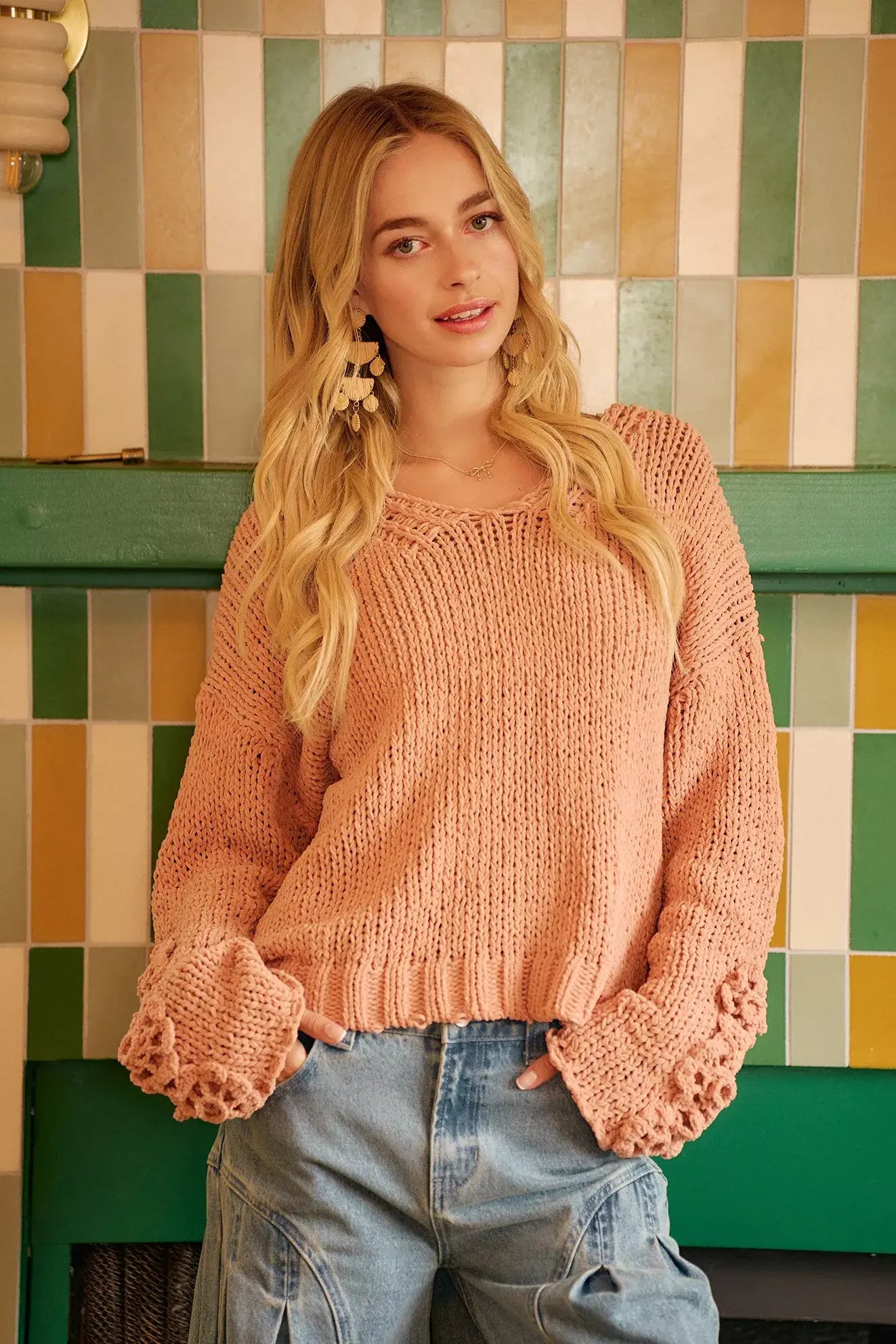 Dusty Peach Chunky Knit Sweater with Flower Detail Sleeves, , $ 56.00, A Moment Of Now™