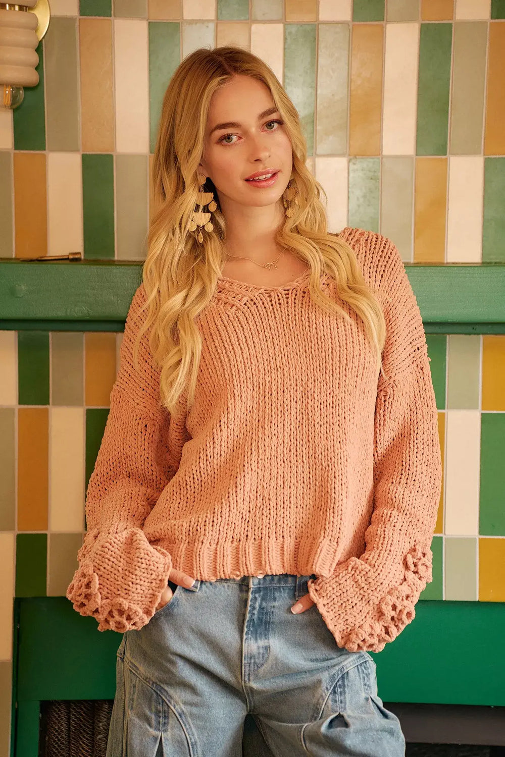 Dusty Peach Chunky Knit Sweater with Flower Detail Sleeves, , $ 56.00, A Moment Of Now™