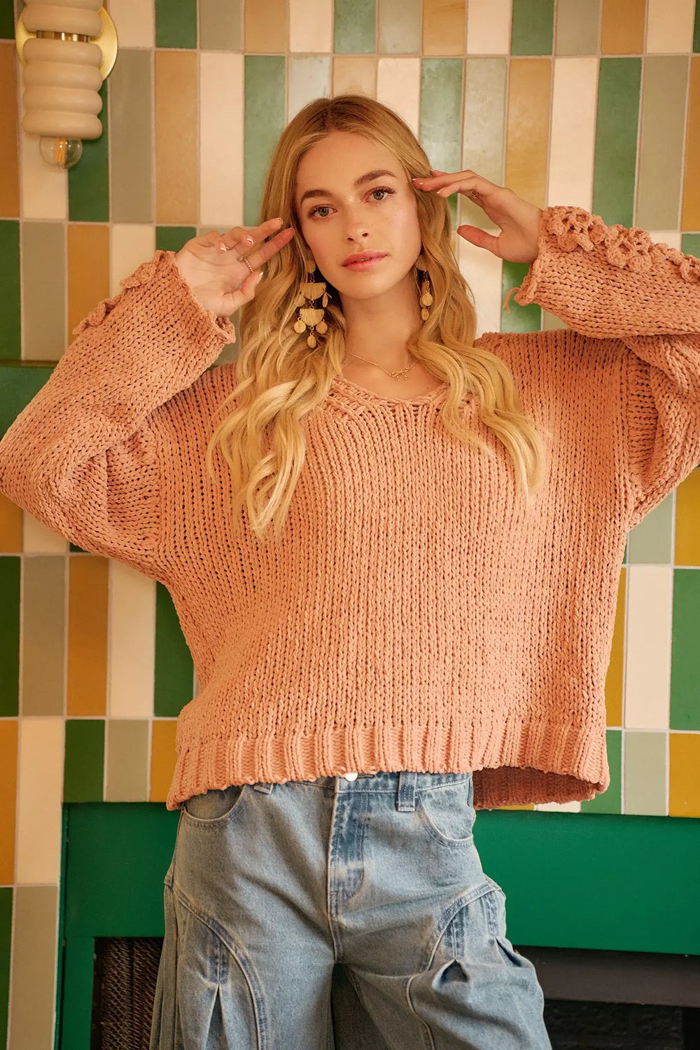 Dusty Peach Chunky Knit Sweater with Flower Detail Sleeves, , $ 56.00, A Moment Of Now™