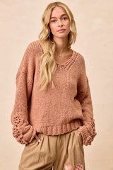 Dusty Peach Chunky Knit Sweater with Flower Detail Sleeves, , $ 56.00, A Moment Of Now™