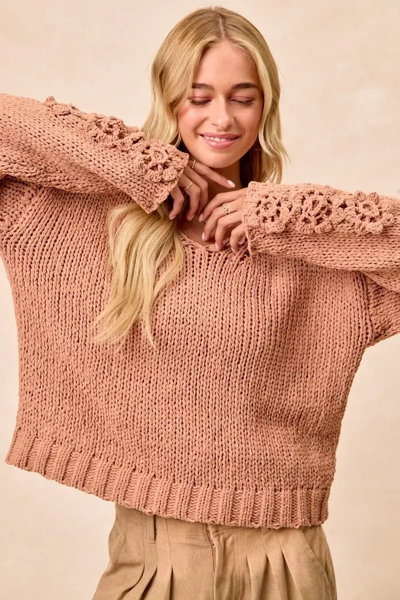 Dusty Peach Chunky Knit Sweater with Flower Detail Sleeves, , $ 56.00, A Moment Of Now™
