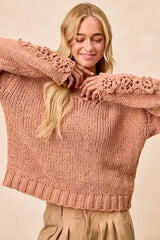 Dusty Peach Chunky Knit Sweater with Flower Detail Sleeves, , $ 56.00, A Moment Of Now™