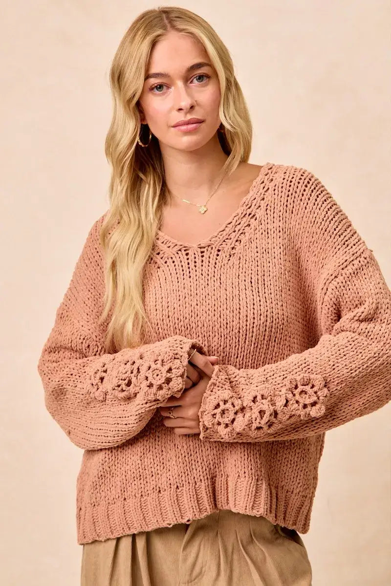 Dusty Peach Chunky Knit Sweater with Flower Detail Sleeves, , $ 56.00, A Moment Of Now™