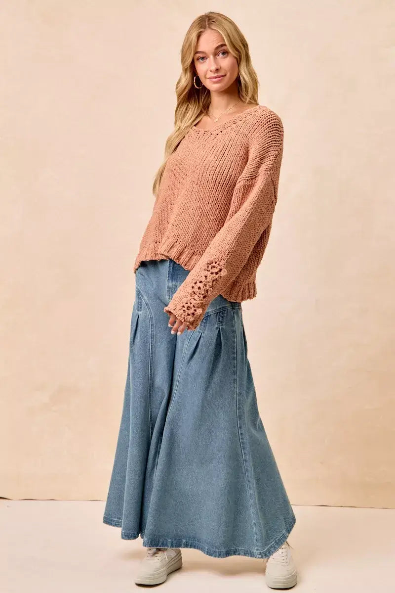 Dusty Peach Chunky Knit Sweater with Flower Detail Sleeves, , $ 56.00, A Moment Of Now™