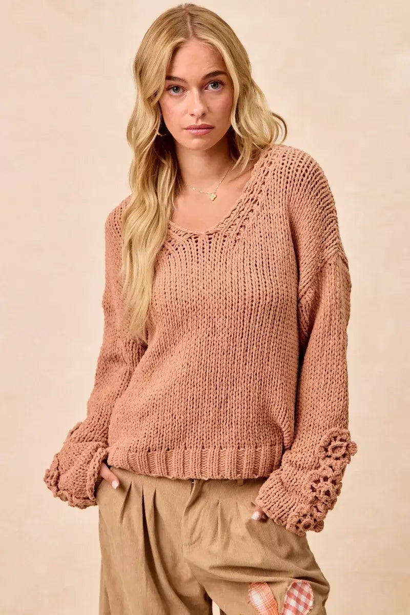 Dusty Peach Chunky Knit Sweater with Flower Detail Sleeves, , $ 56.00, A Moment Of Now™