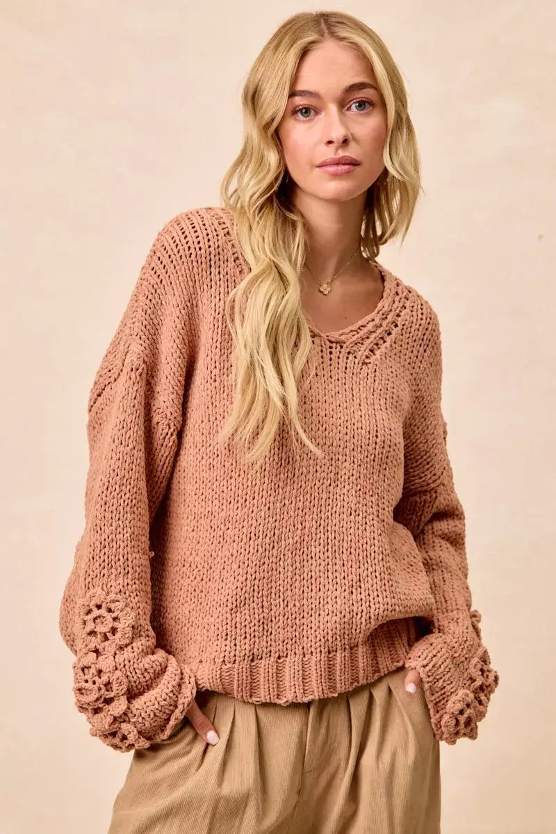 Dusty Peach Chunky Knit Sweater with Flower Detail Sleeves, , $ 56.00, A Moment Of Now™