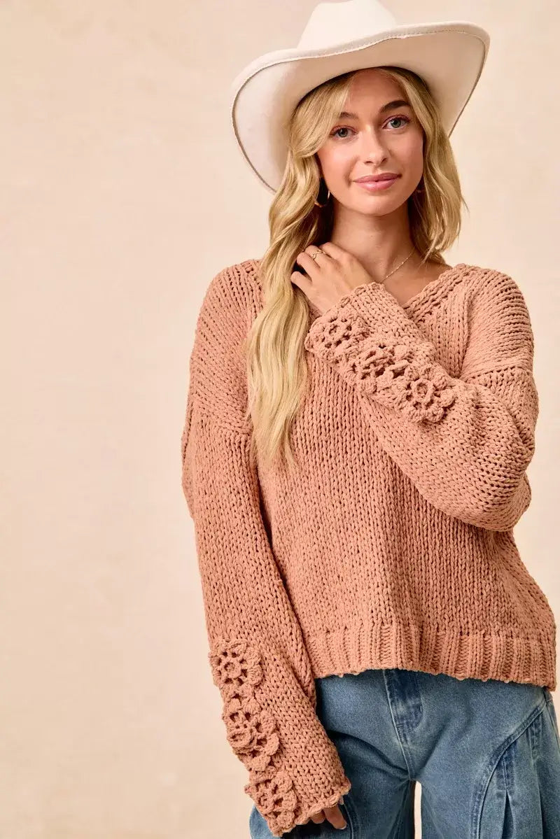Dusty Peach Chunky Knit Sweater with Flower Detail Sleeves, , $ 56.00, A Moment Of Now™