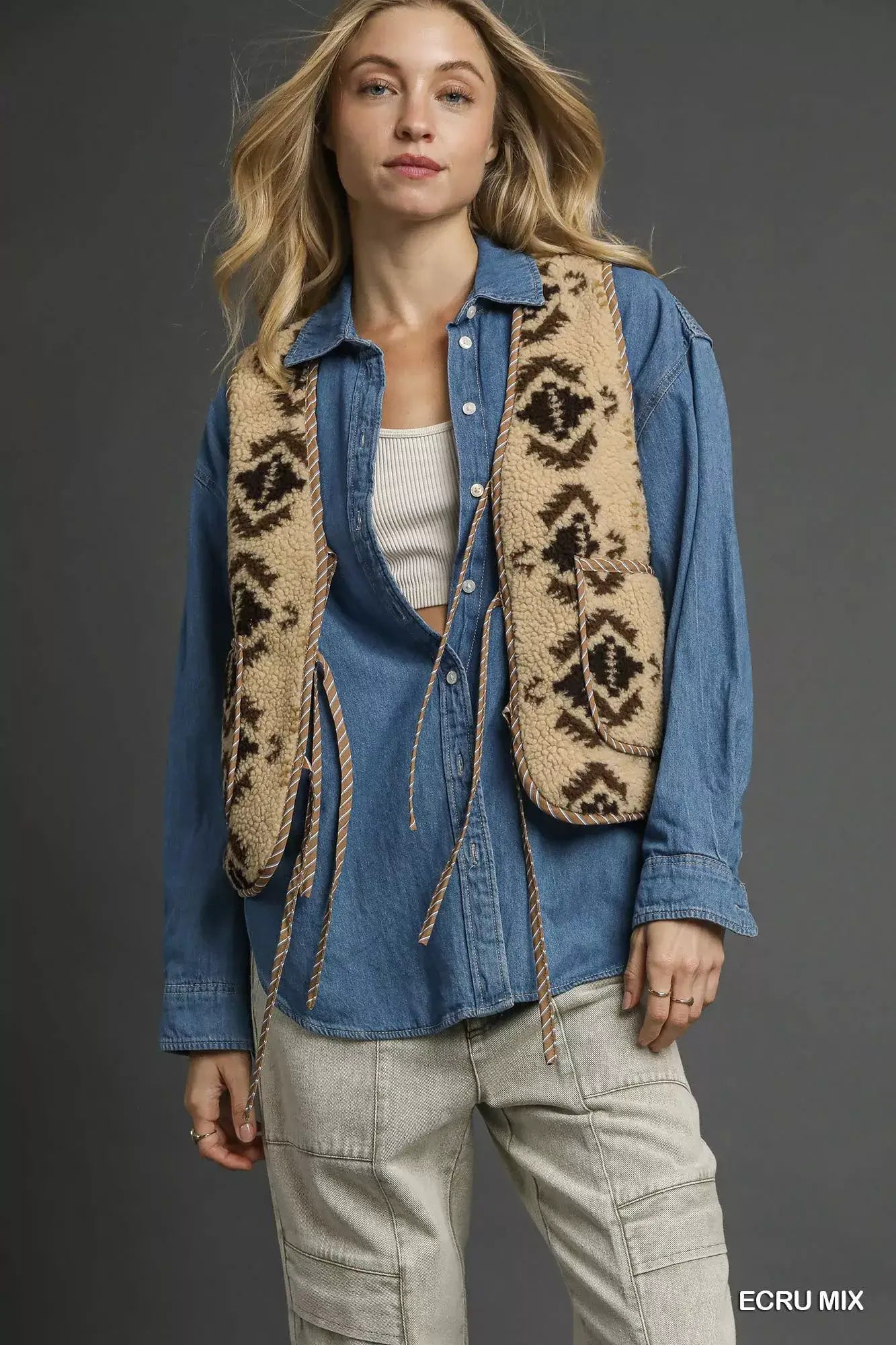 Ecru Mix Patterned Sherpa Tie-Front Vest | Chic & Cozy, Vests, $ 55.00, A Moment Of Now™