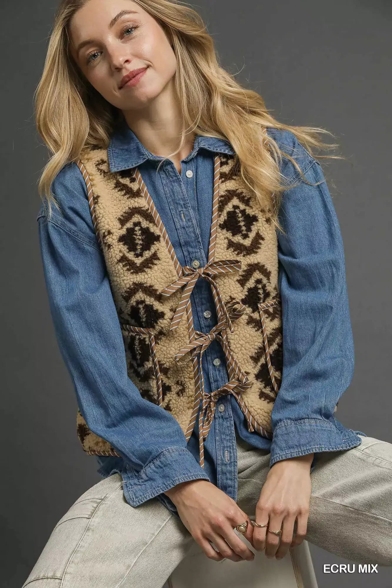 Ecru Mix Patterned Sherpa Tie-Front Vest | Chic & Cozy, Vests, $ 55.00, A Moment Of Now™