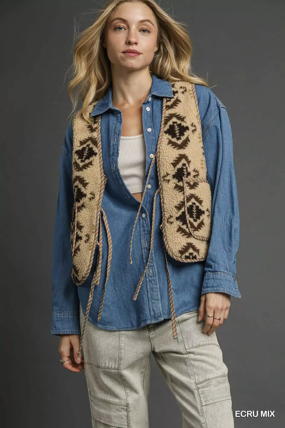Ecru Mix Patterned Sherpa Tie-Front Vest | Chic & Cozy, Vests, $ 55.00, A Moment Of Now™
