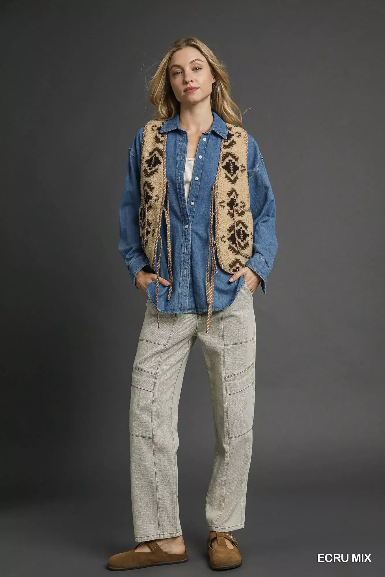 Ecru Mix Patterned Sherpa Tie-Front Vest | Chic & Cozy, Vests, $ 55.00, A Moment Of Now™