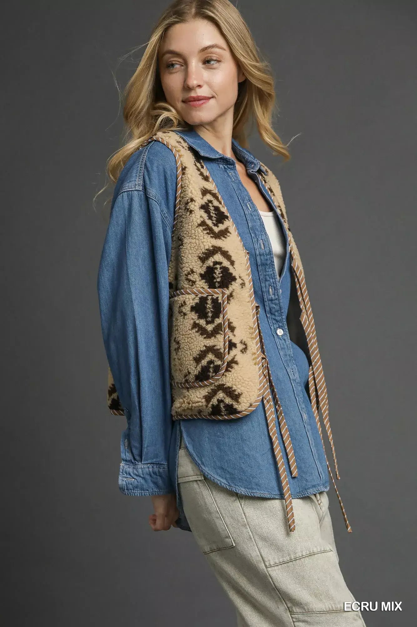 Ecru Mix Patterned Sherpa Tie-Front Vest | Chic & Cozy, Vests, $ 55.00, A Moment Of Now™