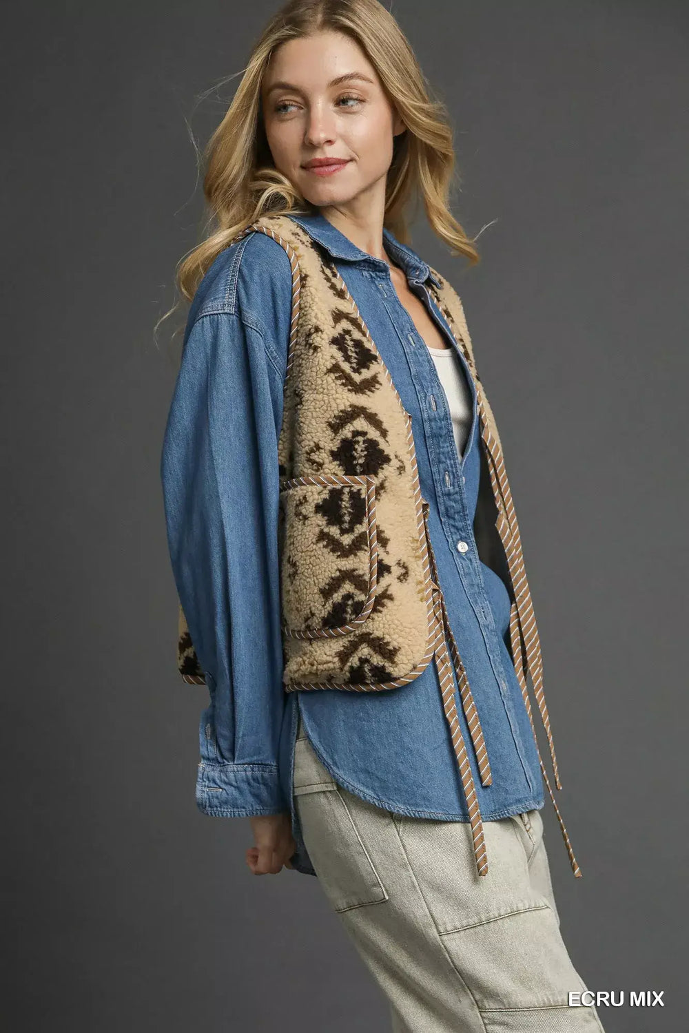 Ecru Mix Patterned Sherpa Tie-Front Vest | Chic & Cozy, Vests, $ 55.00, A Moment Of Now™