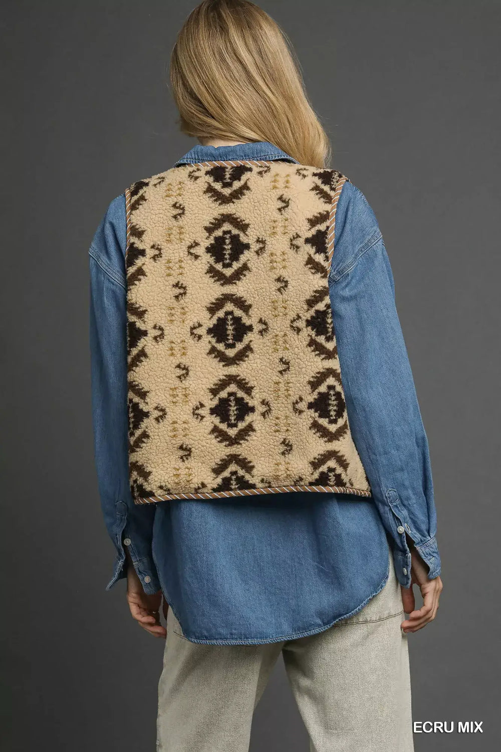Ecru Mix Patterned Sherpa Tie-Front Vest | Chic & Cozy, Vests, $ 55.00, A Moment Of Now™