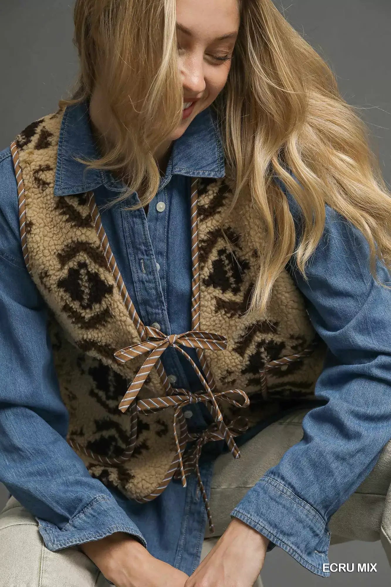 Ecru Mix Patterned Sherpa Tie-Front Vest | Chic & Cozy, Vests, $ 55.00, A Moment Of Now™