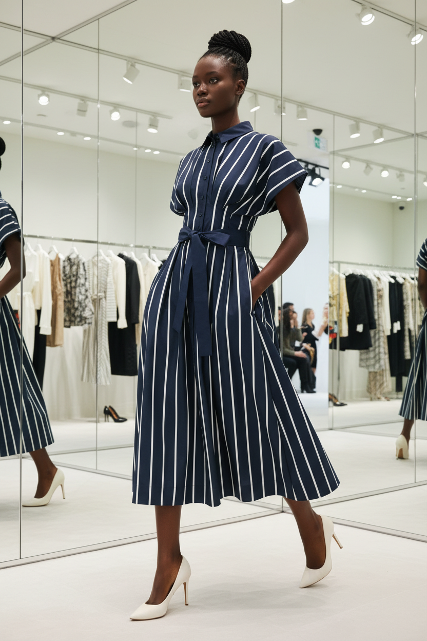 Pinstripe Story Woven Midi Dress | Boutique In USA, DRESSES, $ 86.00, A Moment Of Now™