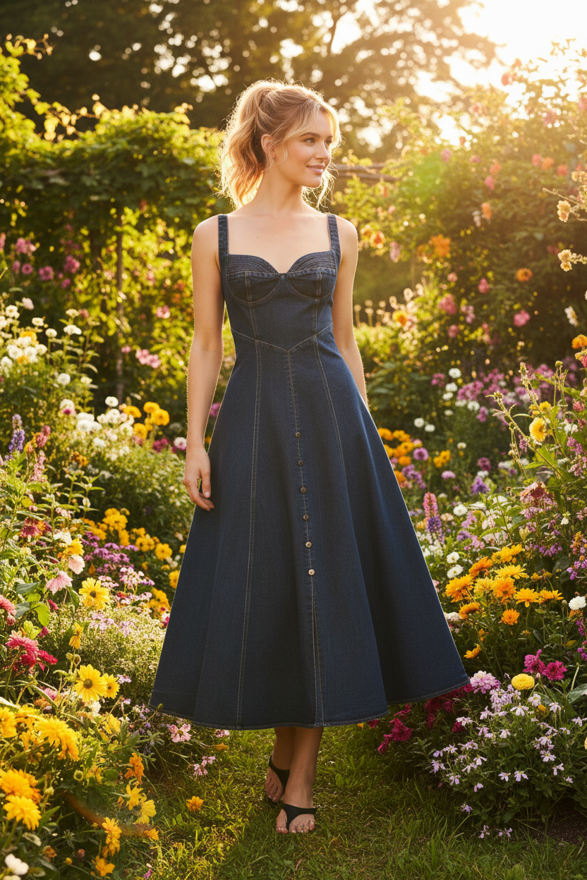 Western Charm Denim Midi Dress | Boutique In USA, DRESSES, $ 90.00, A Moment Of Now™