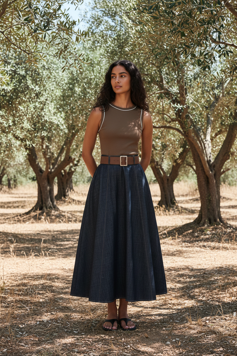 Espresso Hour Blue Denim Combination Midi Dress
