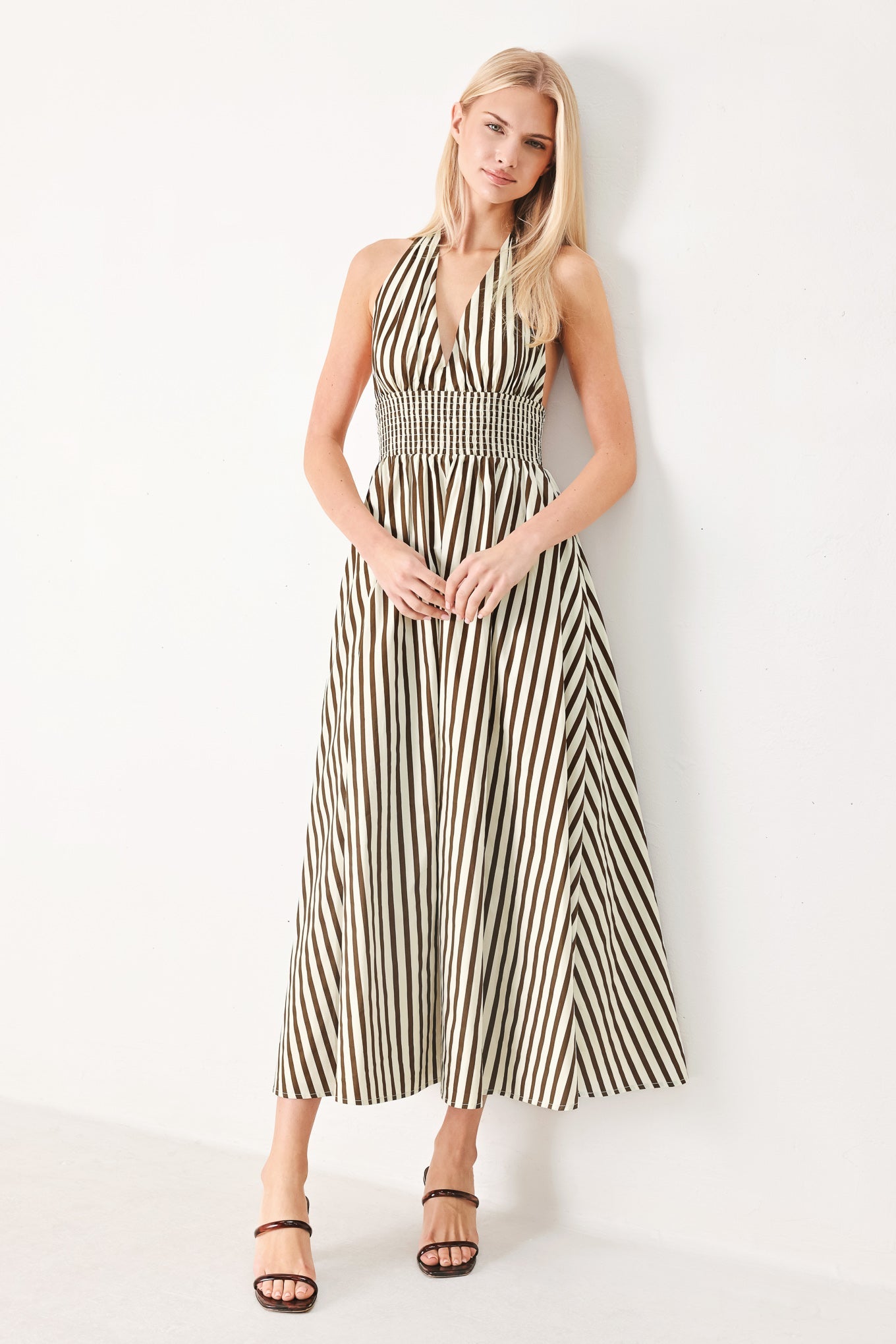 Vacation Line Strip Woven Midi Dress