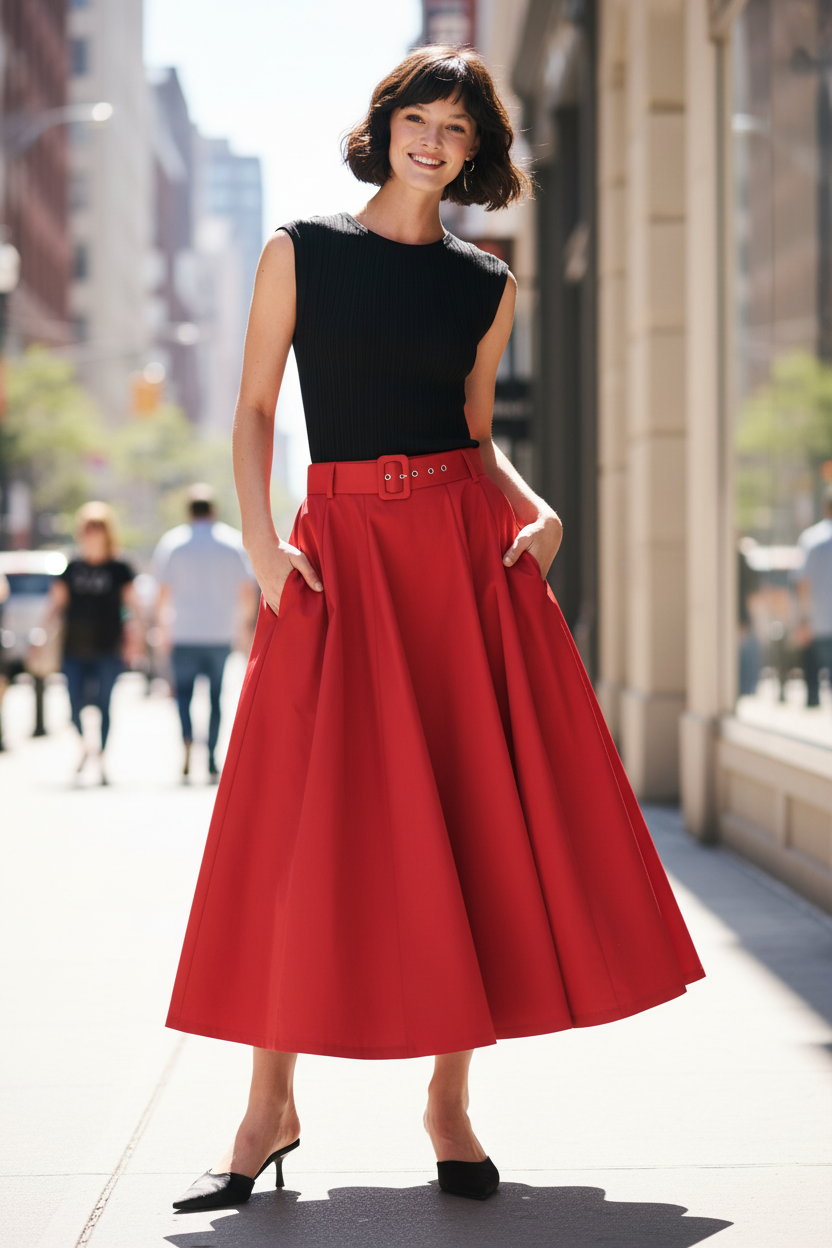 Woman wearing a black top and red skirt standing on a city street.