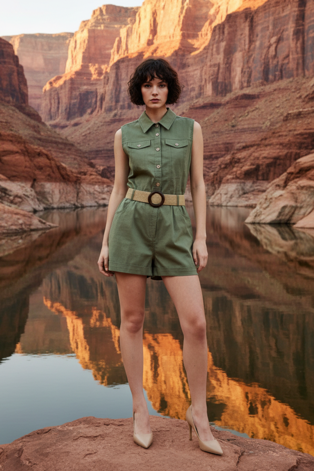 Light Olive Cutie Explorer Woven Romper | Boutique In USA, Rompers, $ 70.00, A Moment Of Now™
