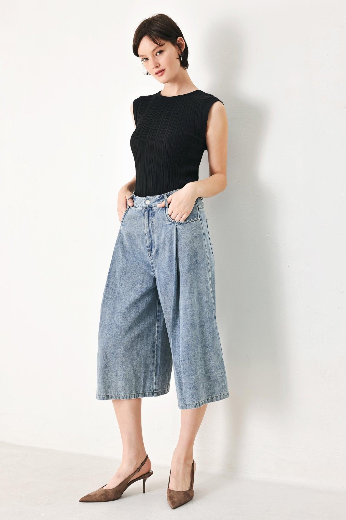 [Preorder] Sky Charmer Denim Culotte Pants, SHORTS, $ 70.00, A Moment Of Now™