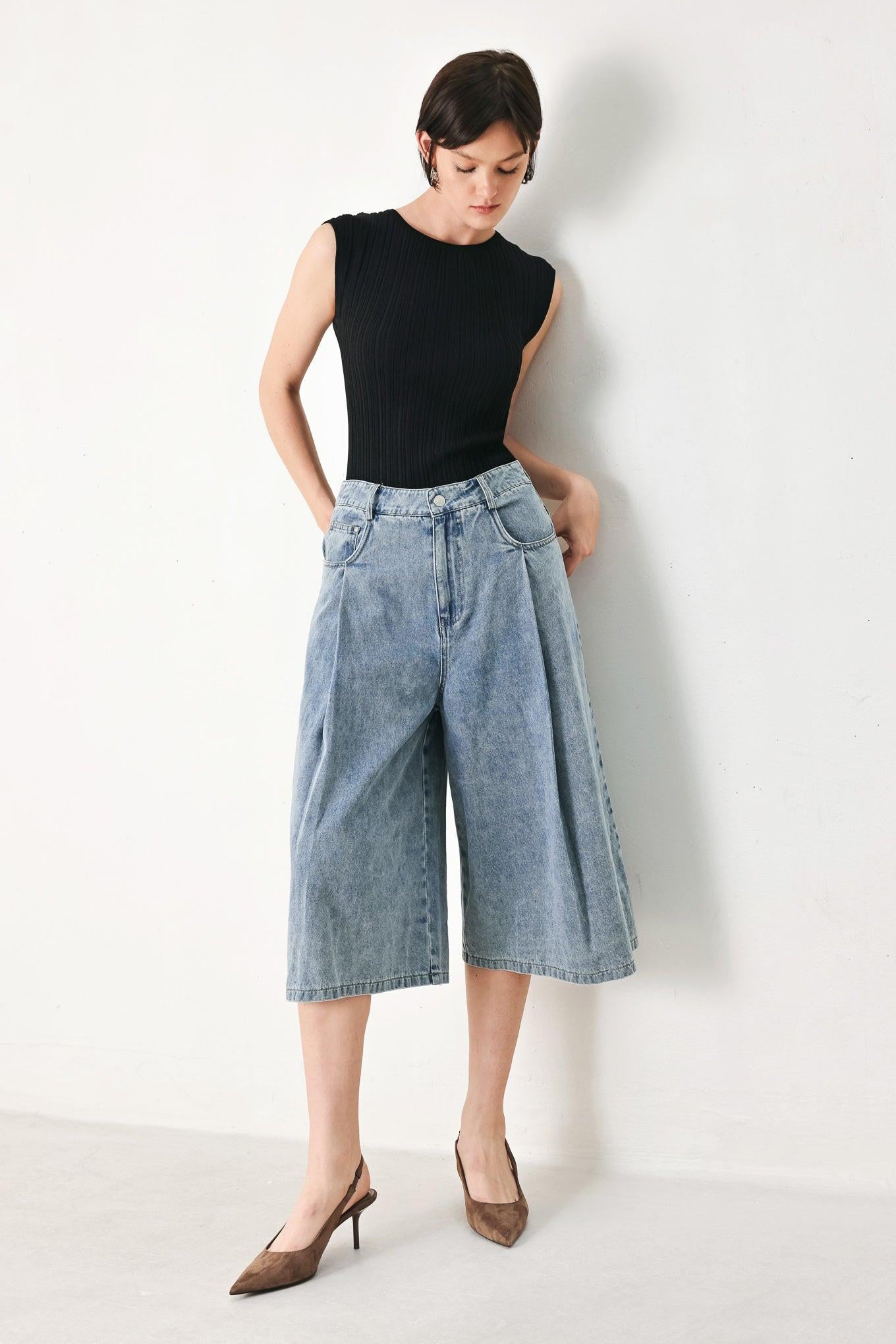 [Preorder] Sky Charmer Denim Culotte Pants, SHORTS, $ 70.00, A Moment Of Now™