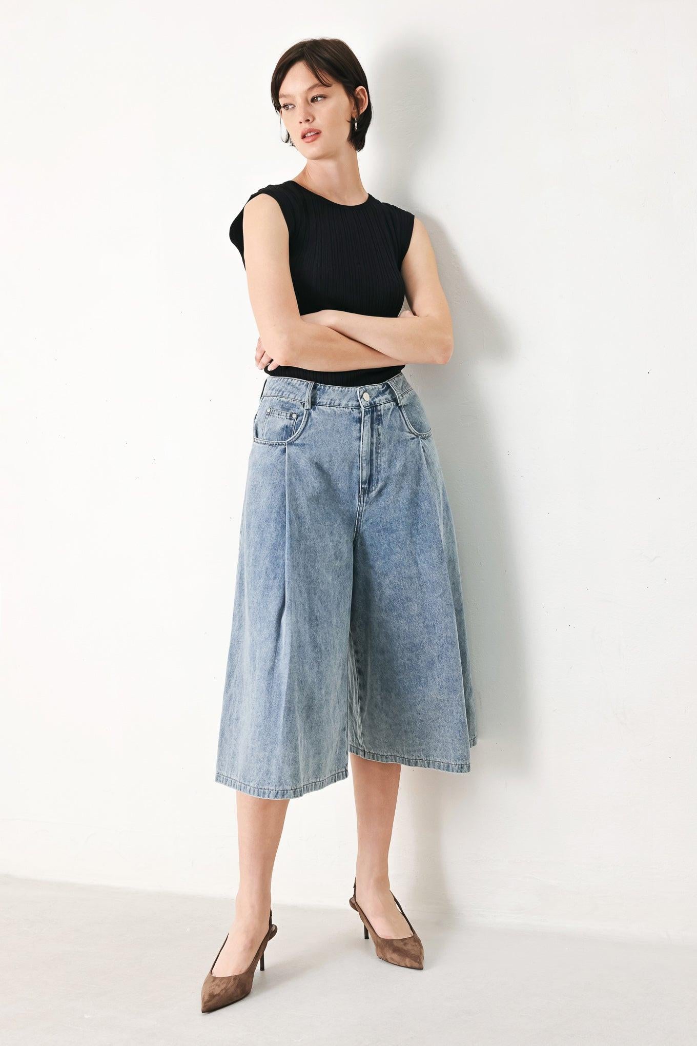 [Preorder] Sky Charmer Denim Culotte Pants, SHORTS, $ 70.00, A Moment Of Now™
