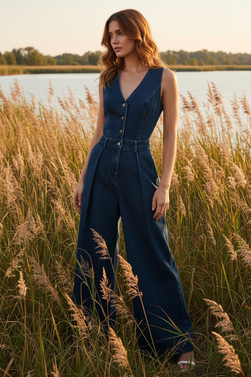Woman in a blue jumpsuit standing in tall grass by a body of water.