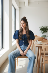 Never Ordinary Woven Top In White Navy | Boutique In USA, TOPS, $ 60.00, A Moment Of Now™