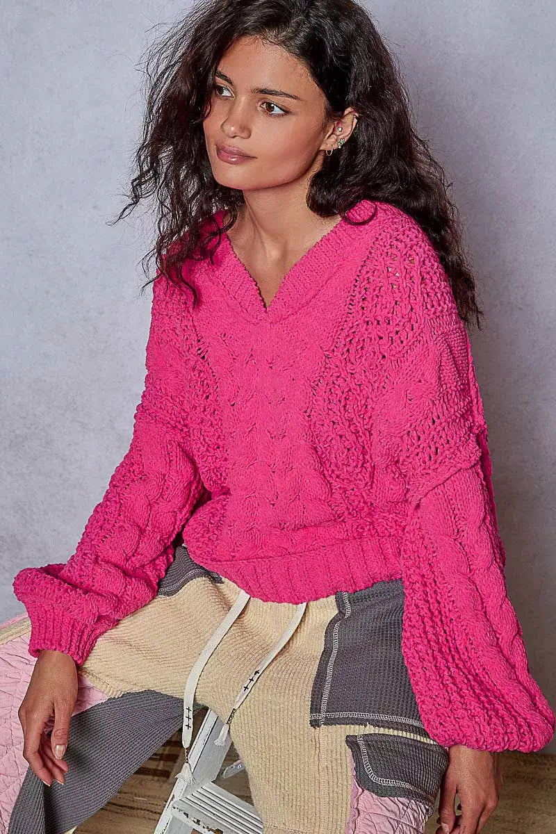 Fuchsia Cable-Knit Solid V-Neck Cropped Sweater - Chic Style, Sweaters, $ 55.00, A Moment Of Now™