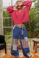 Fuchsia Cable-Knit Solid V-Neck Cropped Sweater - Chic Style, Sweaters, $ 55.00, A Moment Of Now™