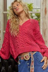 Fuchsia Cable-Knit Solid V-Neck Cropped Sweater - Chic Style, Sweaters, $ 55.00, A Moment Of Now™