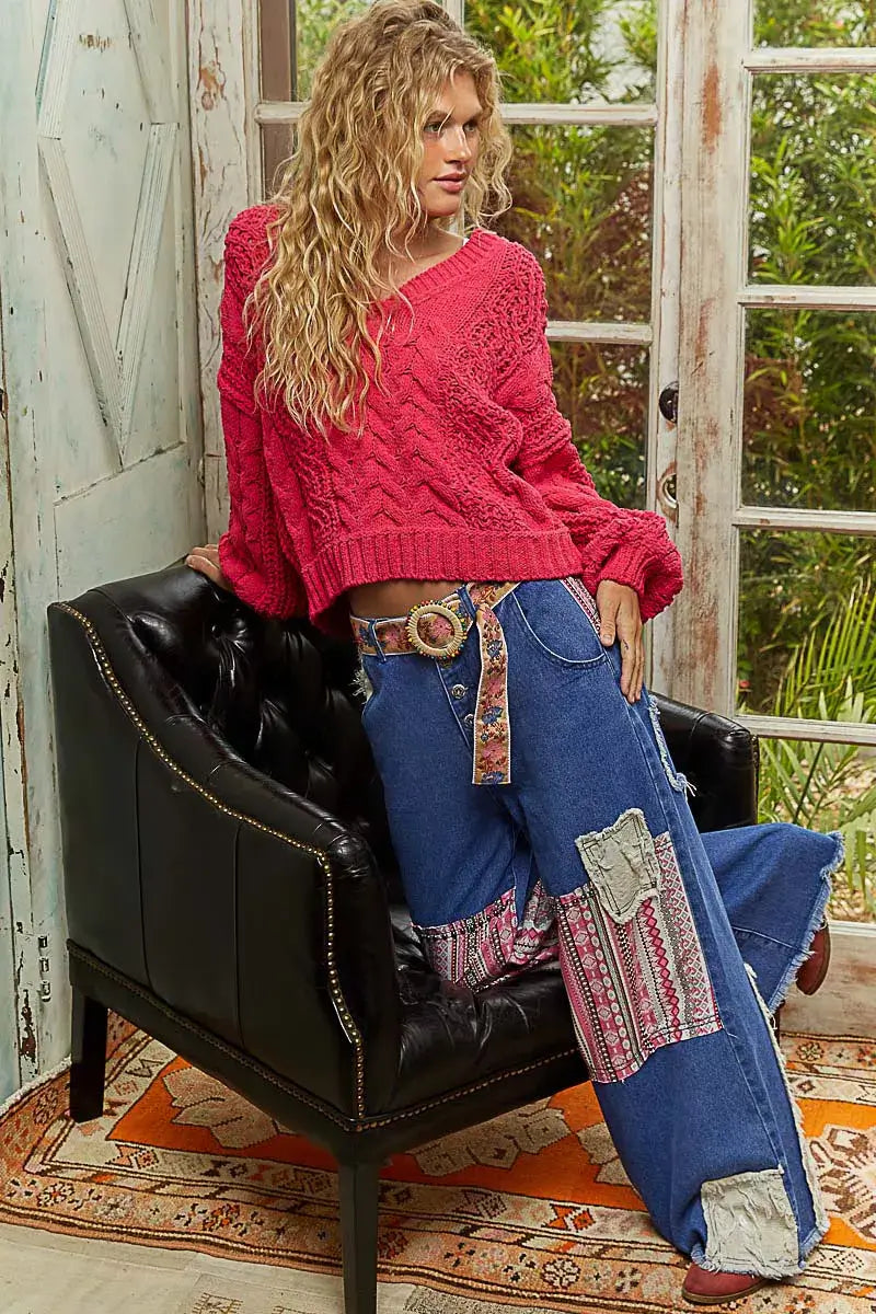 Fuchsia Cable-Knit Solid V-Neck Cropped Sweater - Chic Style, Sweaters, $ 55.00, A Moment Of Now™