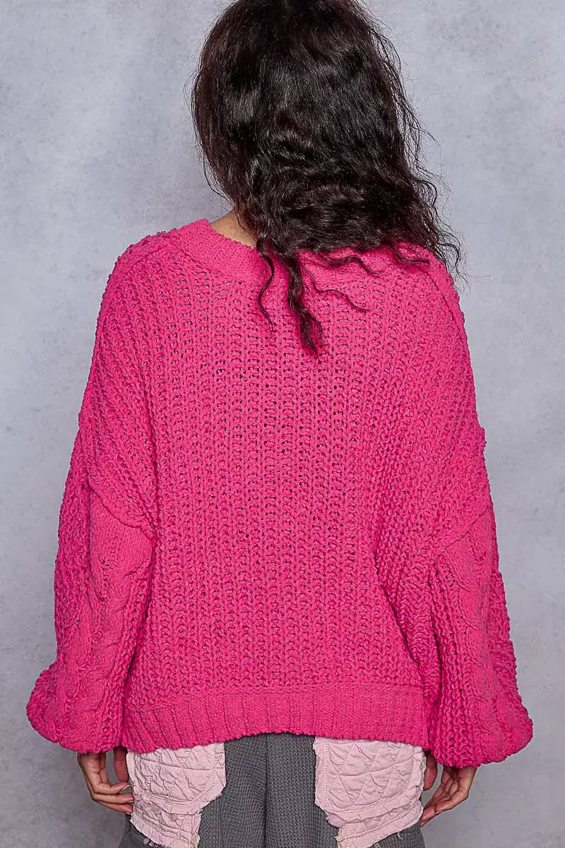 Fuchsia Cable-Knit Solid V-Neck Cropped Sweater - Chic Style, Sweaters, $ 55.00, A Moment Of Now™