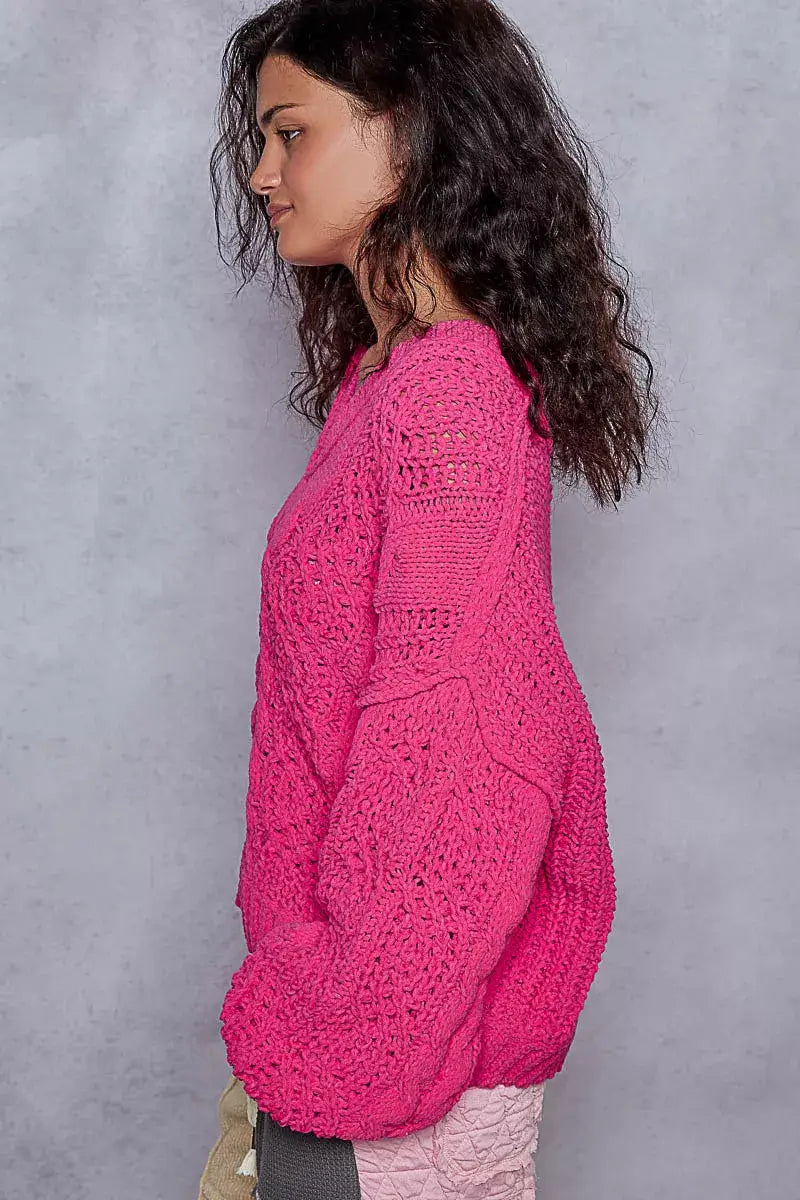 Fuchsia Cable-Knit Solid V-Neck Cropped Sweater - Chic Style, Sweaters, $ 55.00, A Moment Of Now™