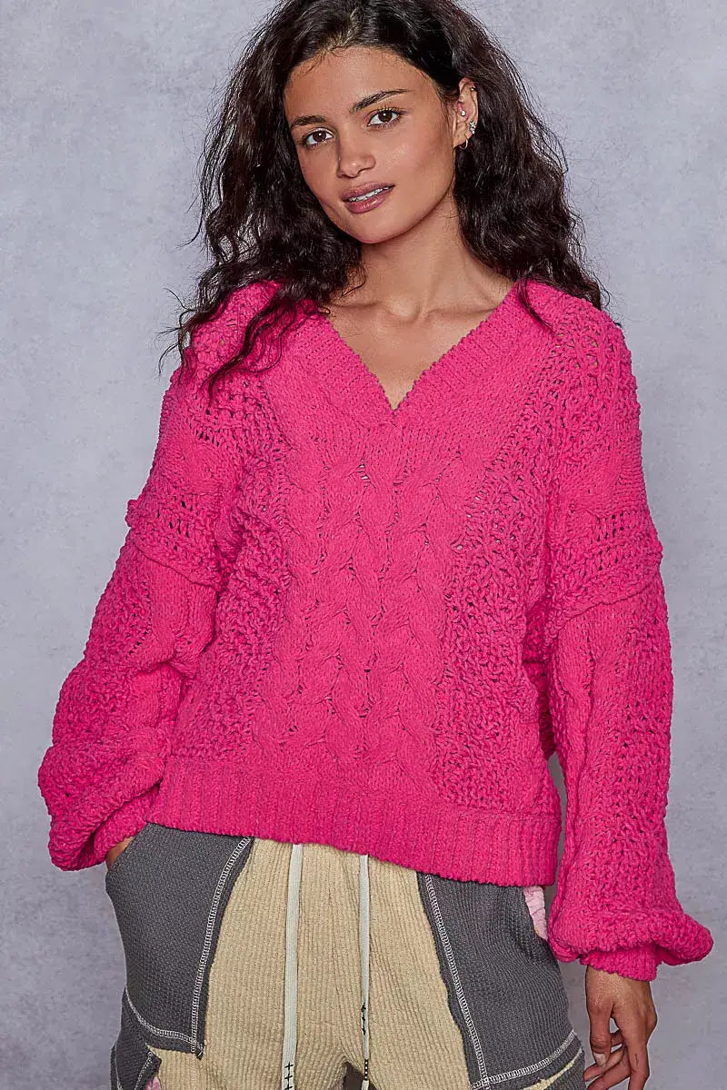 Fuchsia Cable-Knit Solid V-Neck Cropped Sweater - Chic Style, Sweaters, $ 55.00, A Moment Of Now™